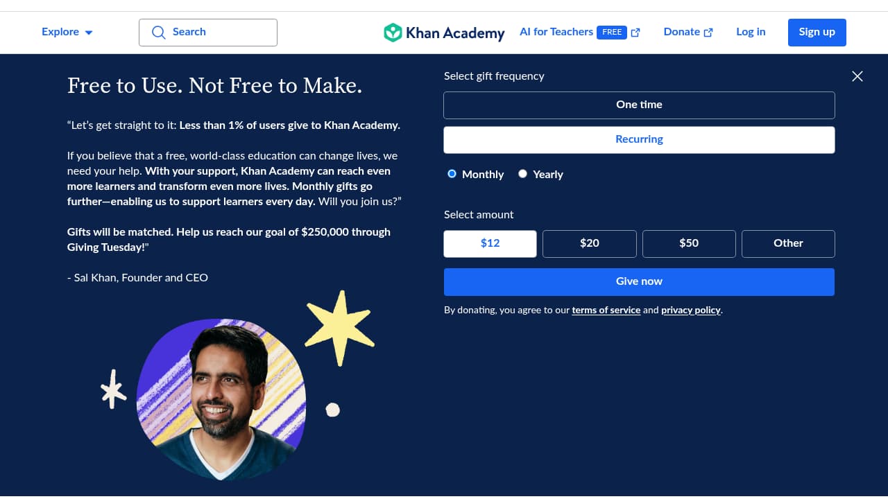 Screenshot of Khan Academy website